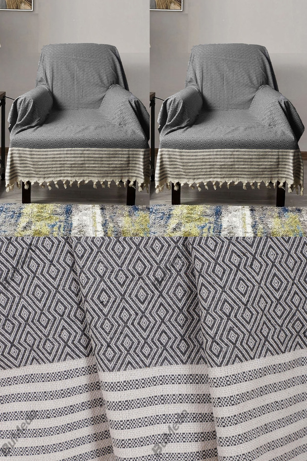 Buldan İşi Cotton 2-Piece Armchair Cover Set 180X150 cm - Woven Fabric Covering the Arms - Anthracite
