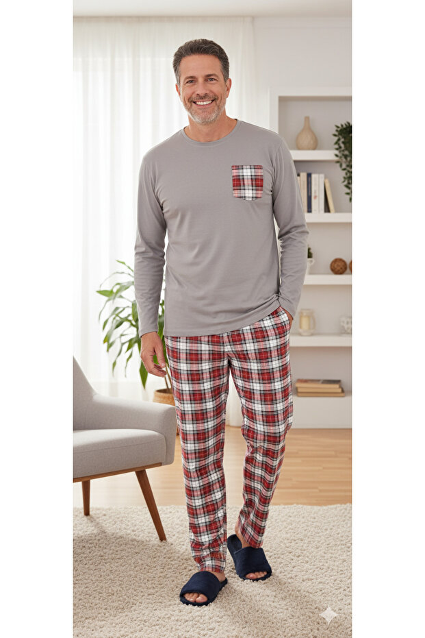 Eid Men's Pajama Set, Plaid Printed, Long Sleeved, with Pockets, Seasonal 100% Cotton, Dowry Set