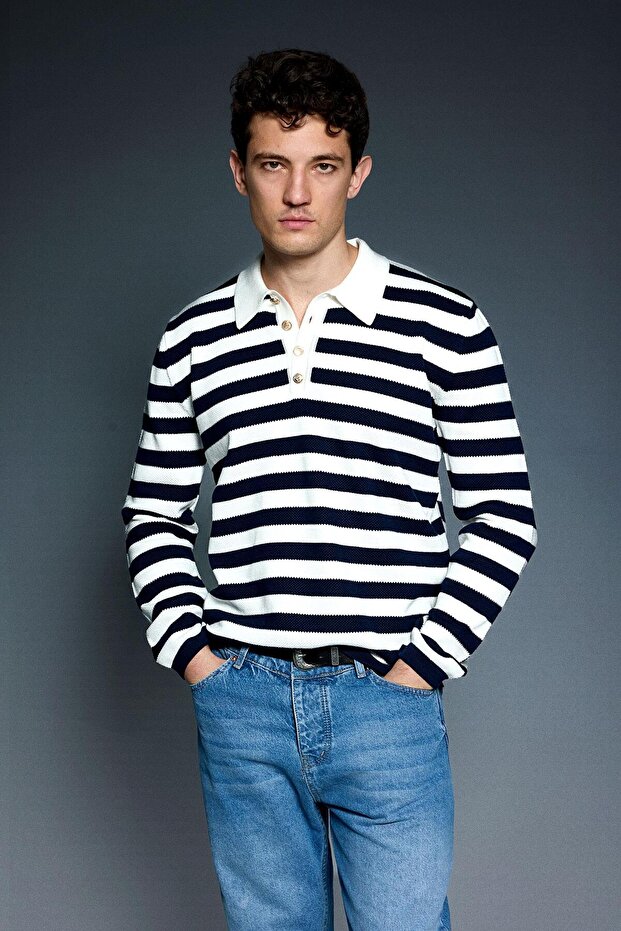 Men's Slim Fit Polo Neck Buttoned Striped Sweater Navy Blue