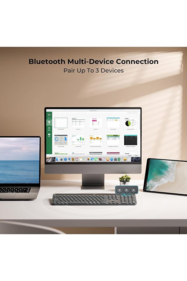 BK60 Solar Bluetooth Keyboard, Full-Size, 3-Device, Silent Scissor Keys, Numeric Keypad - 4