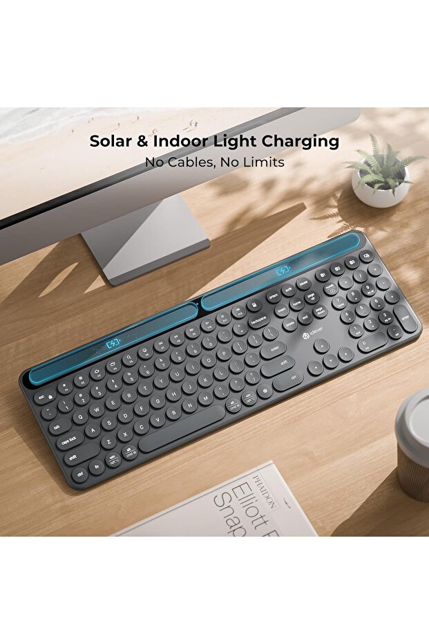 BK60 Solar Bluetooth Keyboard, Full-Size, 3-Device, Silent Scissor Keys, Numeric Keypad - 2