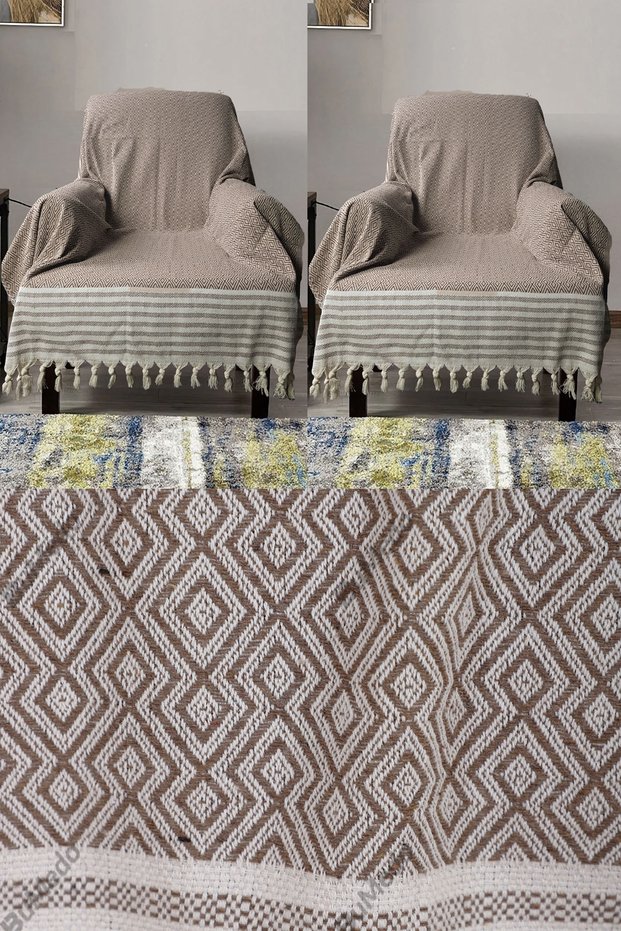 Buldan İşi Cotton 2-Piece Armchair Cover Set 180X150 cm - Woven Fabric Covering the Arms - Brown