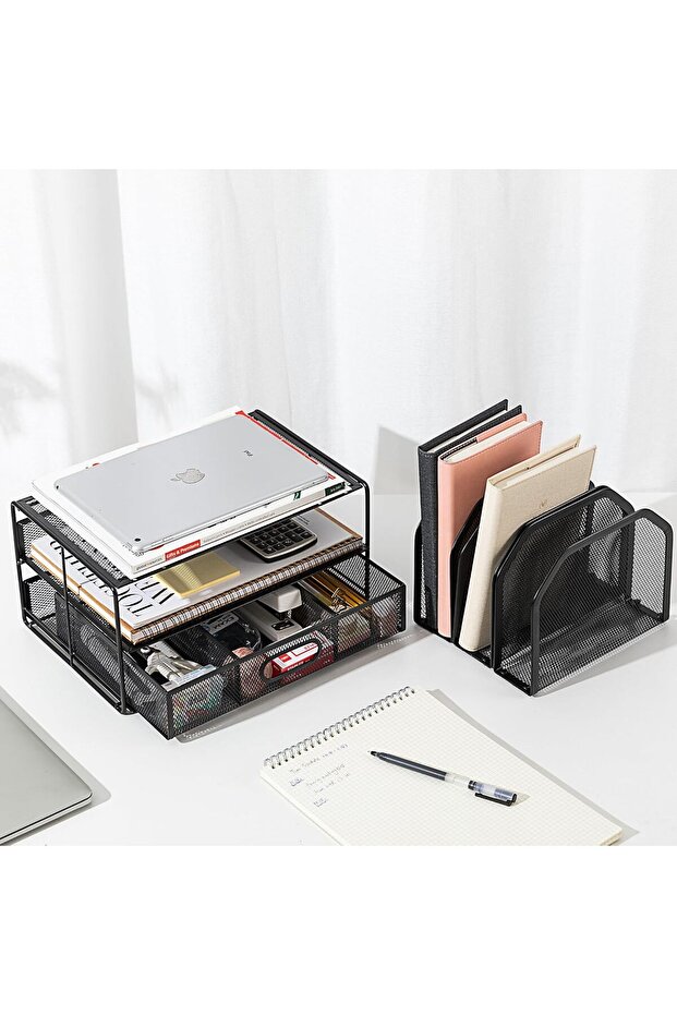 Mesh Desk Organizer with Sliding Drawer, Double Tray and 5 Vertical Sections, Black - 6