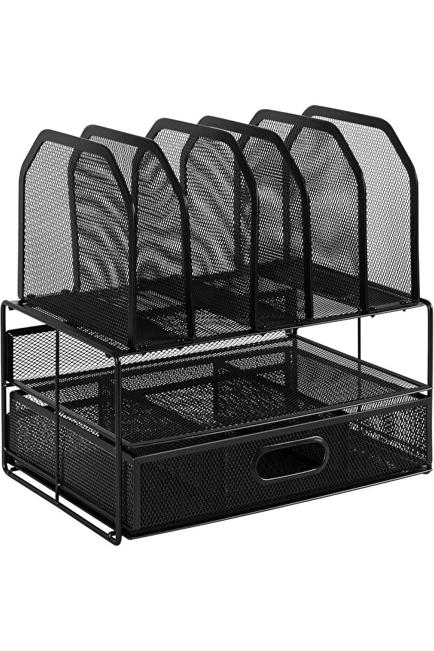 Mesh Desk Organizer with Sliding Drawer, Double Tray and 5 Vertical Sections, Black - 3