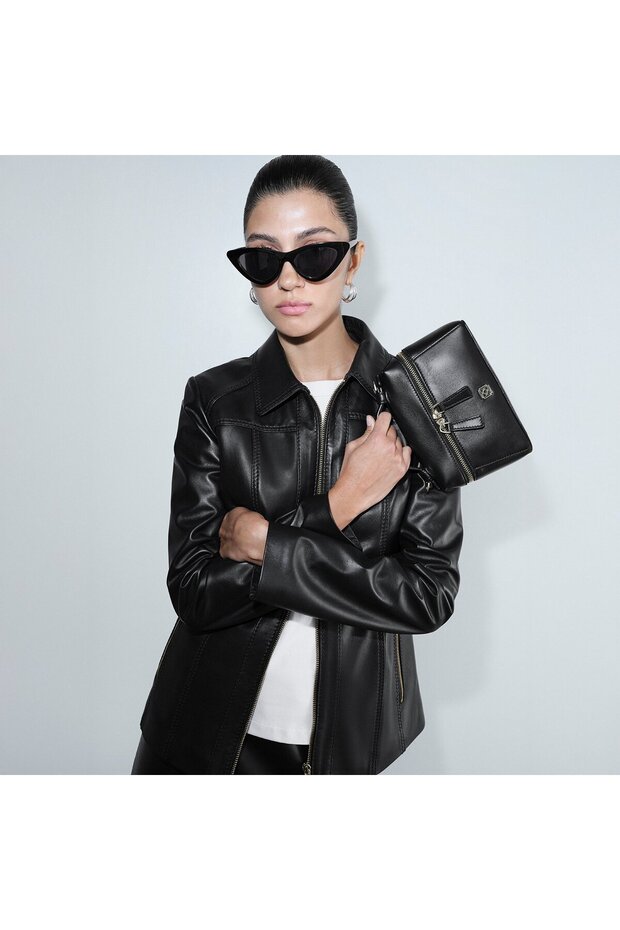 Women's Black Shirt Collar Fit Leather Jacket