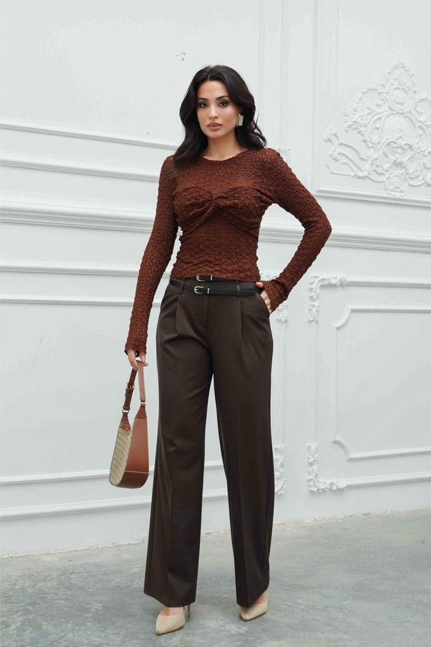 Brown Double Belted Pleated Palazzo Pants