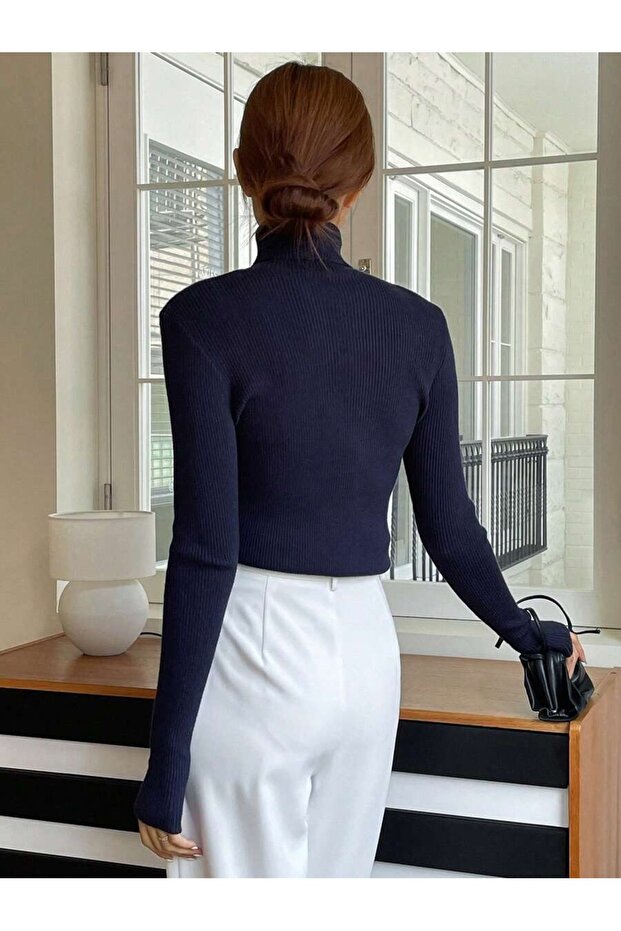 Kadın Uzun Kollu Boğazlı Fitilli Basic Bluz - 3