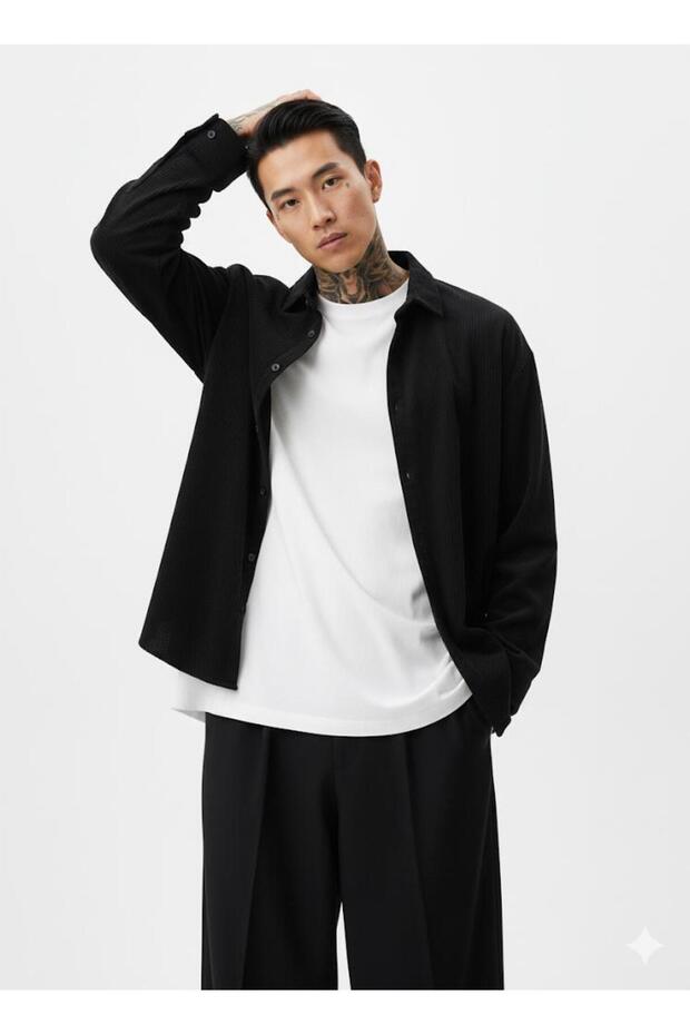 Erkek Kışlık Basic Oversize Siyah Oduncu Kaşe Ceket - 1