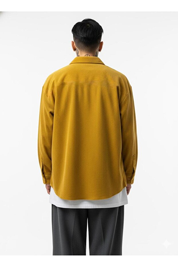 Erkek Trend Fitilli Basic Hardal Oversize Kadife Ceket - 5