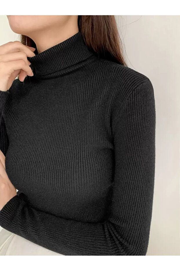 Kadın Uzun Kollu Boğazlı Fitilli Basic Bluz - 2