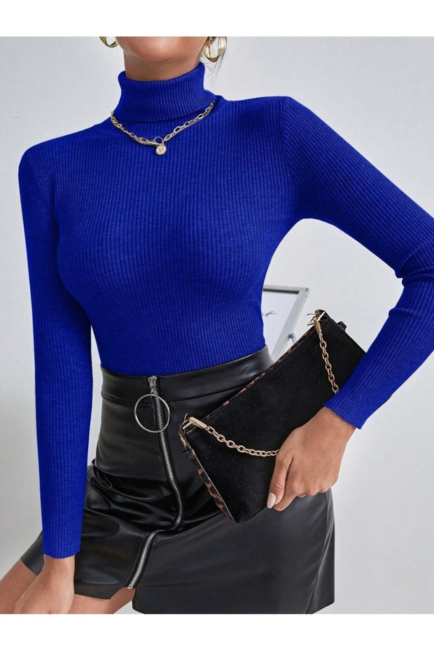 Pulover de damă albastru cu mânecă lungă material reiat basic - 5