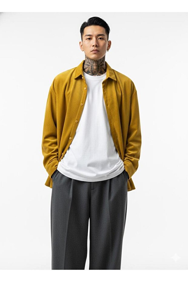 Erkek Trend Fitilli Basic Hardal Oversize Kadife Ceket - 1