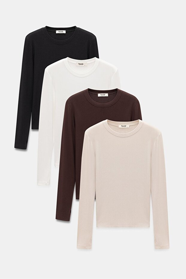 Black-Ecru-Brown-Beige Women's Crew Neck Finger-Loop Long Sleeve Bodysuit/Blouse - Pack of 4