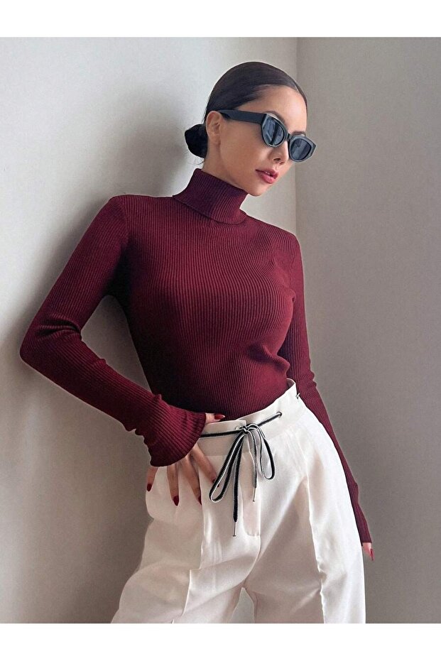 Kadın Uzun Kollu Boğazlı Fitilli Basic Bluz - 5