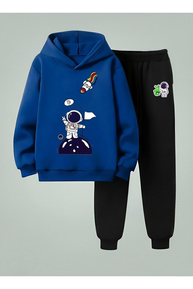 Children Hooded Set Lucky Astronot Printed 3 Thread Ş Fleece-Lined Sweatshirt - Sweatpants Set