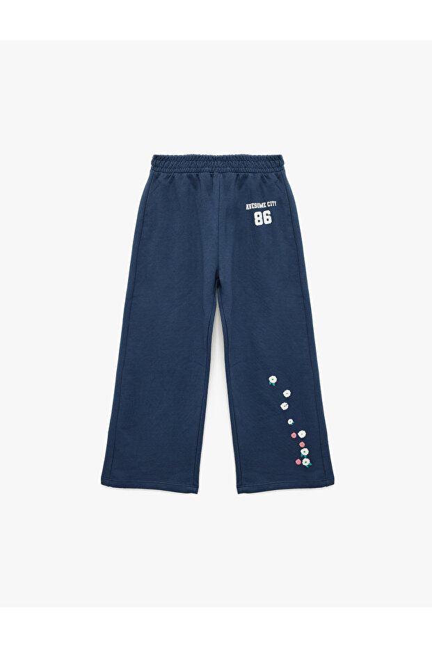 Raised Floral Printed Cotton Wide Leg Sweatpants