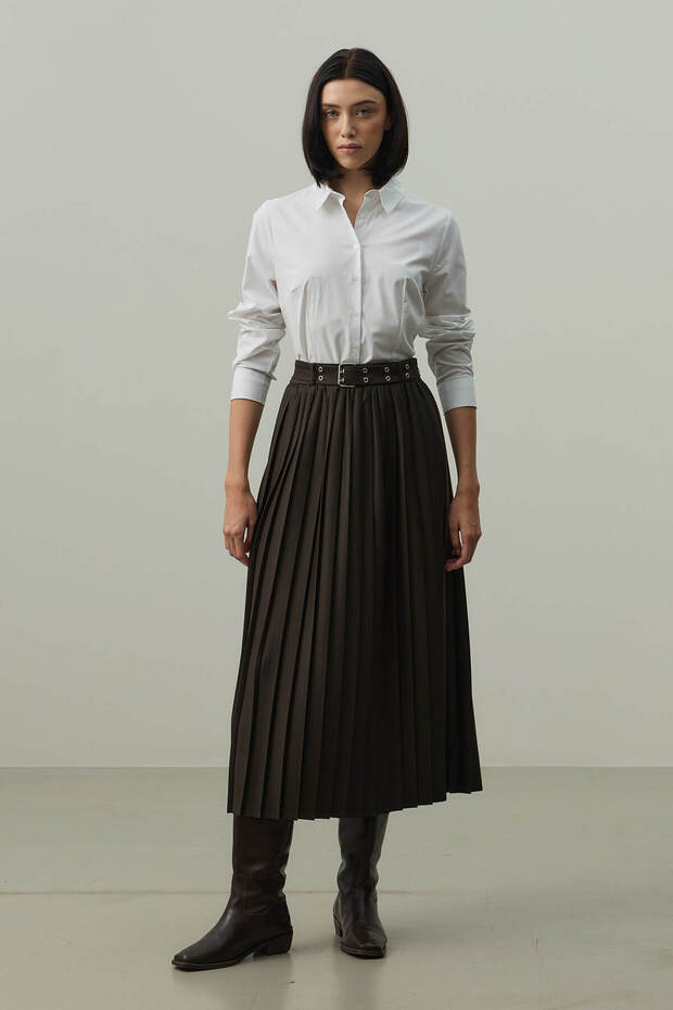 Belted Pleated Skirt Brown