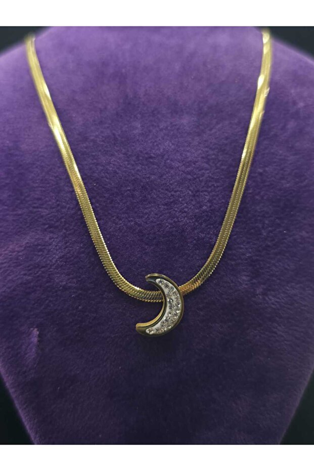 Crescent Moon Model Zircon Stone Fishbone Chain Style Yellow Color Steel Necklace