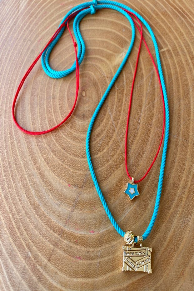 Blue and Red Rope Necklace with a Suitcase Object in the Set of 2
