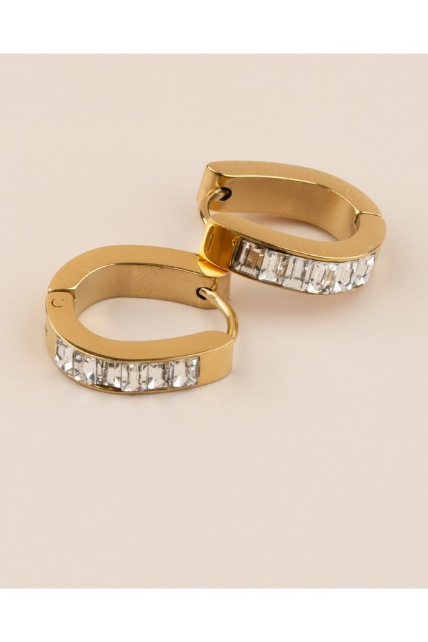 Auryn Minimal Oval Hoop Steel Earrings with Inlaid Zircon Stone
