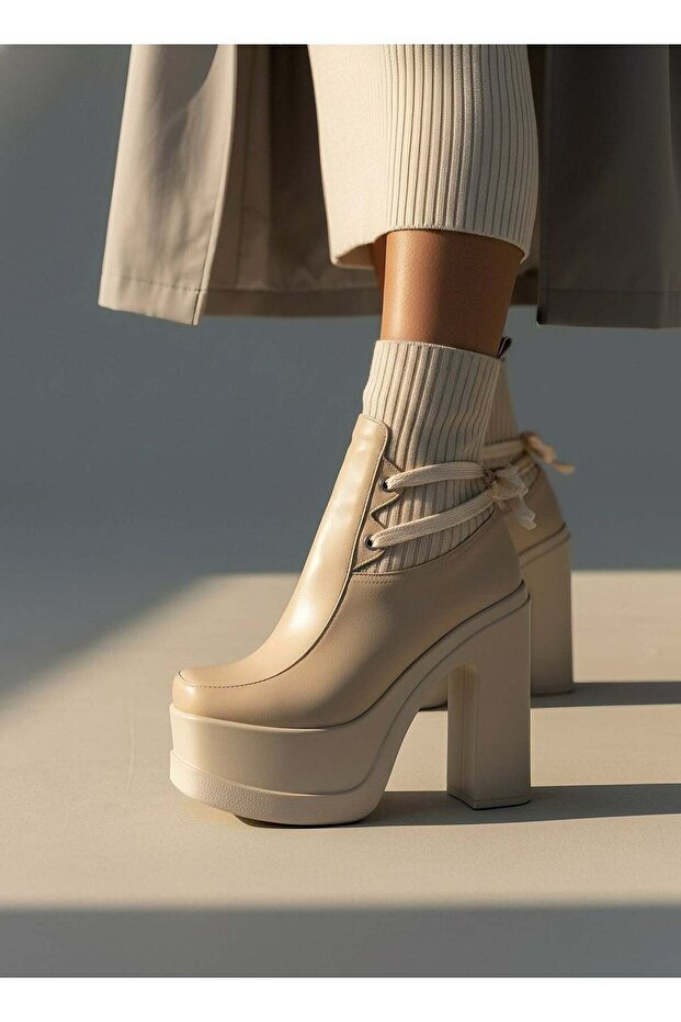 Daphne Krem Deri Dolgu Topuklu Bot - 2