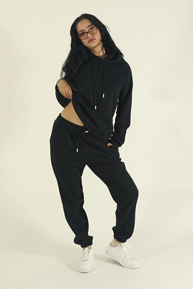 Women's Winter Fleece-Lined Tracksuit Set K Hooded Sweatshirt Jogger - Black Regular Elastic Leg