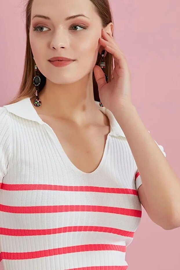 Polo Neck Pink Striped Ecru Summer Knit Blouse