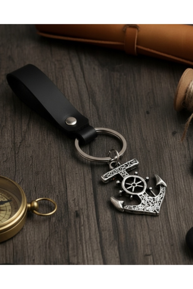 Black Genuine Leather Keychain with Sailor Anchor Figure Gift Keychain Accessory Keyring