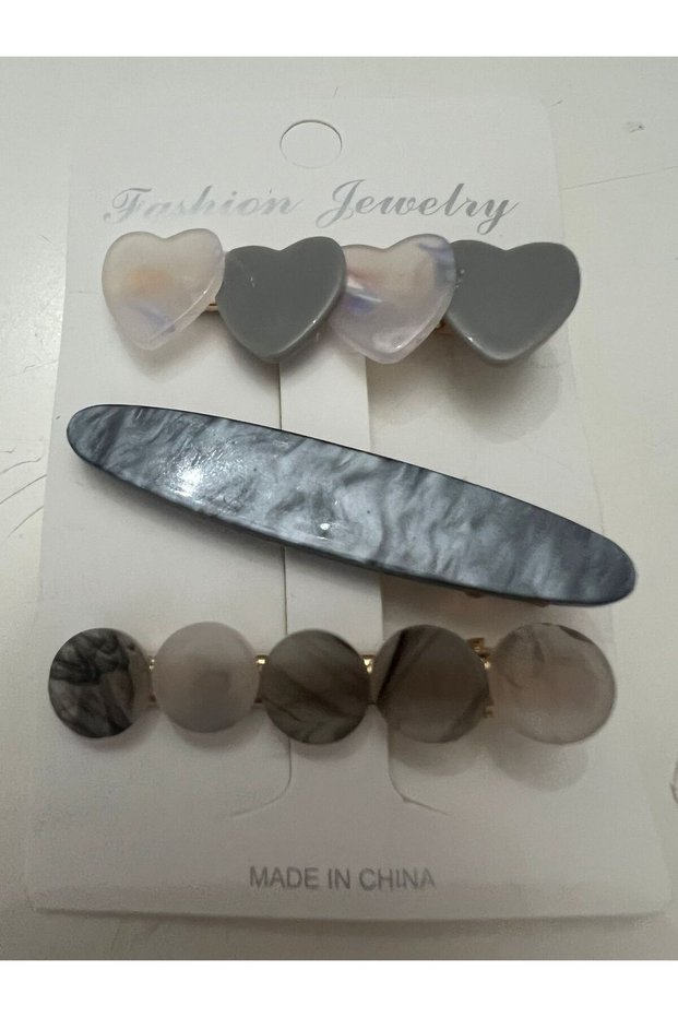 Set of 3 Acrylic Gray and Marble Patterned Women's Hair Clips Combination of Heart-Shaped and Modern Shaped Hair Clips