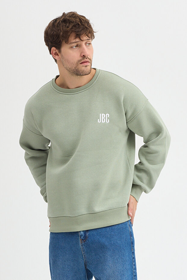 Bisiklet Yaka Nakışlı Oversize Şardonlu Basic Erkek Sweatshirt - 4