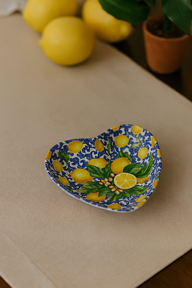 Lemon Patterned Heart-Shaped Snack Bowl-Jam Bowl-Breakfast Bowl – Presentation and Serving Bowls