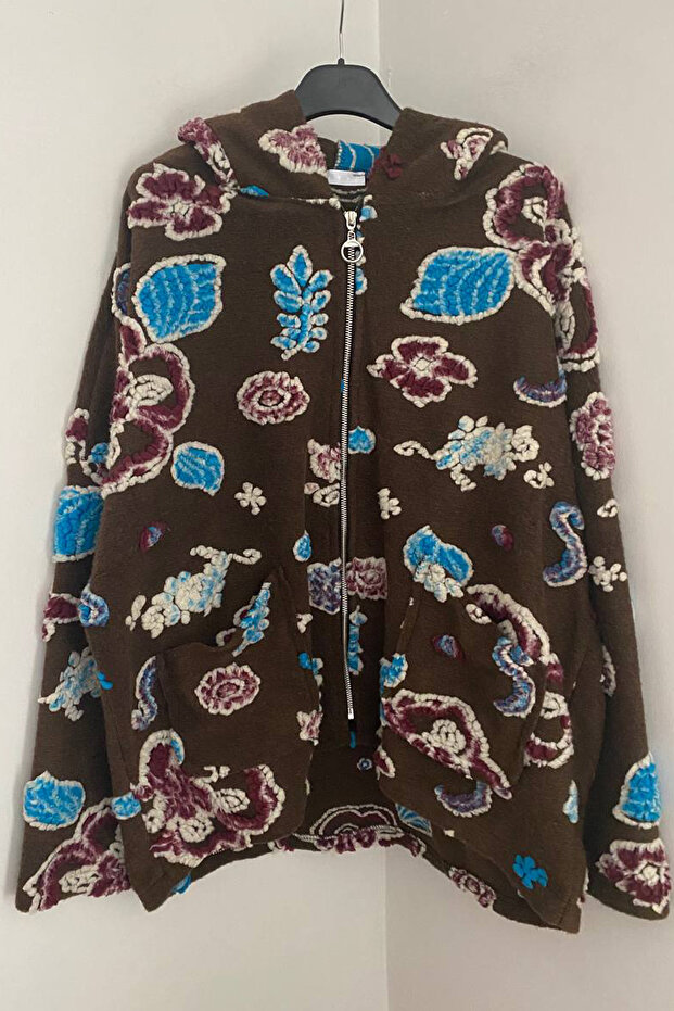 Women's Italian Brown Hooded Embossed Floral Patterned Wool Short Coat with Pockets and Zipper