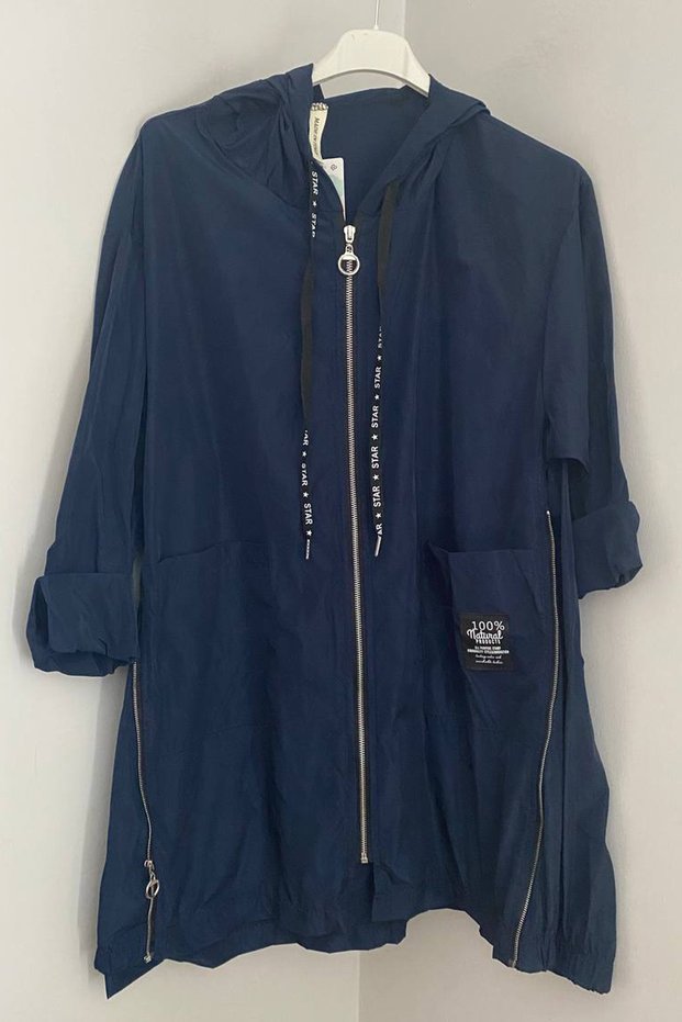 Women's Italian Navy Blue Raincoat Windbreaker with Hooded Pockets and Side Zipper That Can Be Tightened