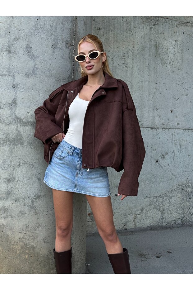 سترة قصة فضفاضة تريند بومبر من جلد الغزال - 7