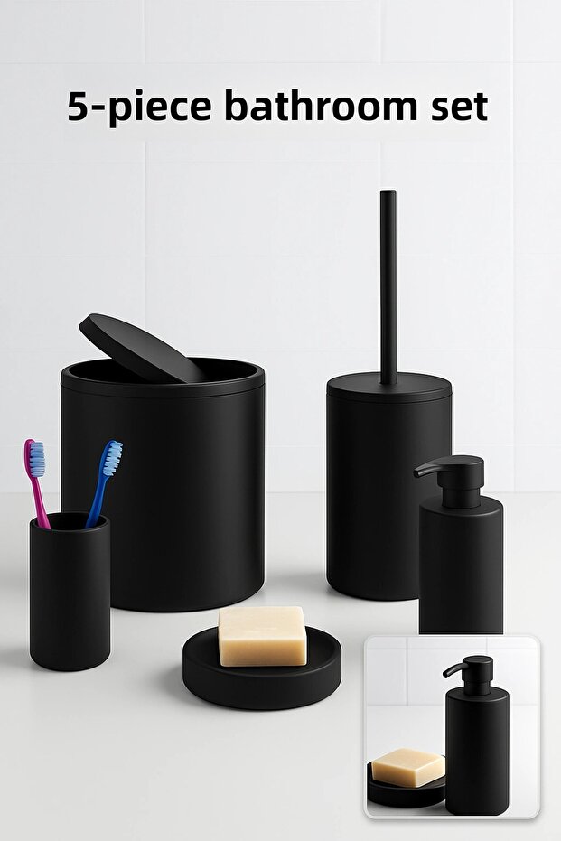 Black 5-Piece Bathroom Set – Trash Can, Toilet Brush, Soap Dispenser and Accessories