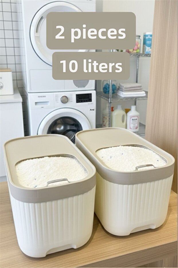 2 قطعة من حاوية المنظفات أبكس كريم سعة 10 لتر بغطاء منزلق - صندوق تخزين المواد الغذائية بعجلات ومقياس - 1