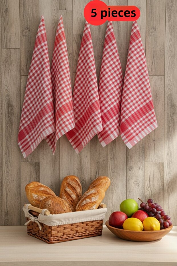 Gingham 5-Piece Red German Serving Napkin Kitchen Towel Feeding Cover Drying Cloth 47x67cm