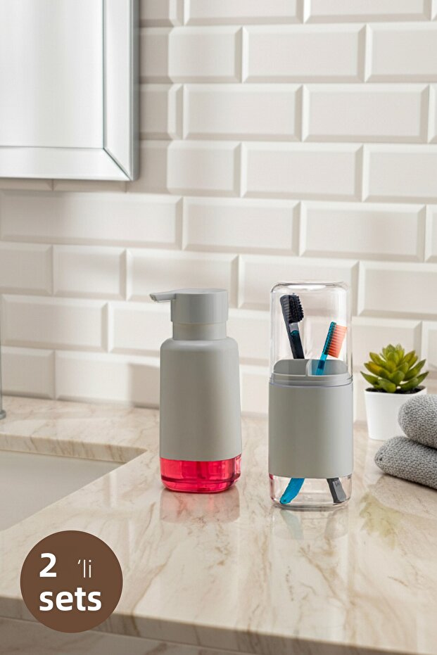 Modern Toothbrush Holder and Liquid Soap Dispenser Beige 500 ml | Bathroom Set
