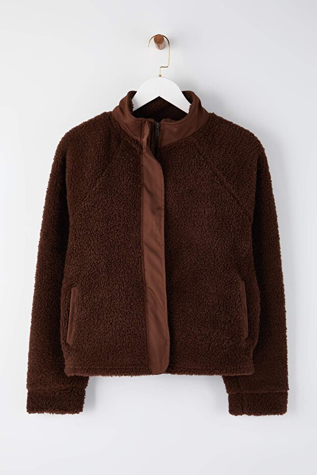 Koyu Kahverengi Peluş Regular/Normal Kalıp Dokuma Garnili Fermuarlı Örme Sweatshirt TWOAW25SW00139 - 5