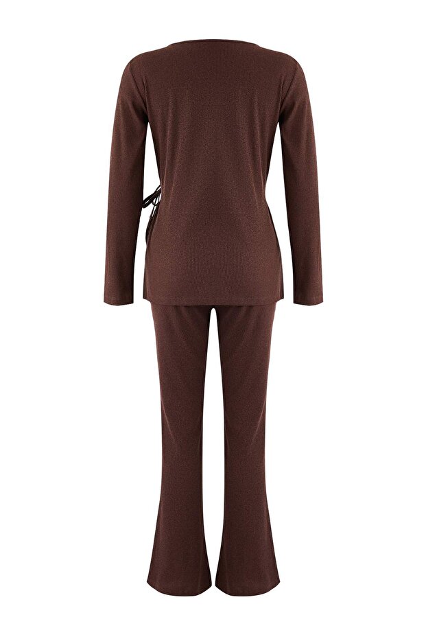 Kahverengi Bağlama Detaylı Kruvaze Fitilli Kimono Örme Pijama Takımı THMAW26PT00003 - 6