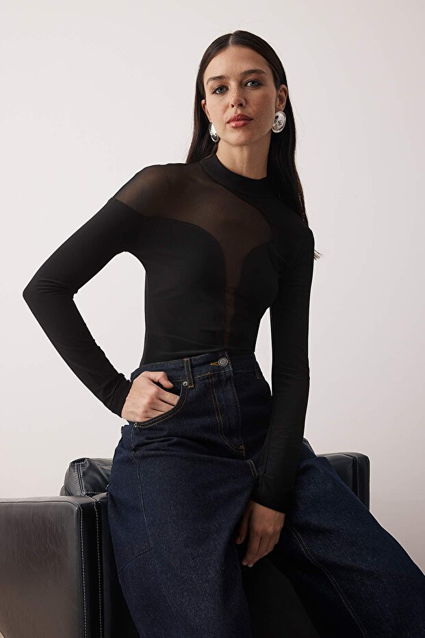 Siyah Transparan Detaylı Örme Tül Body TPRAW24BD00011 - 12