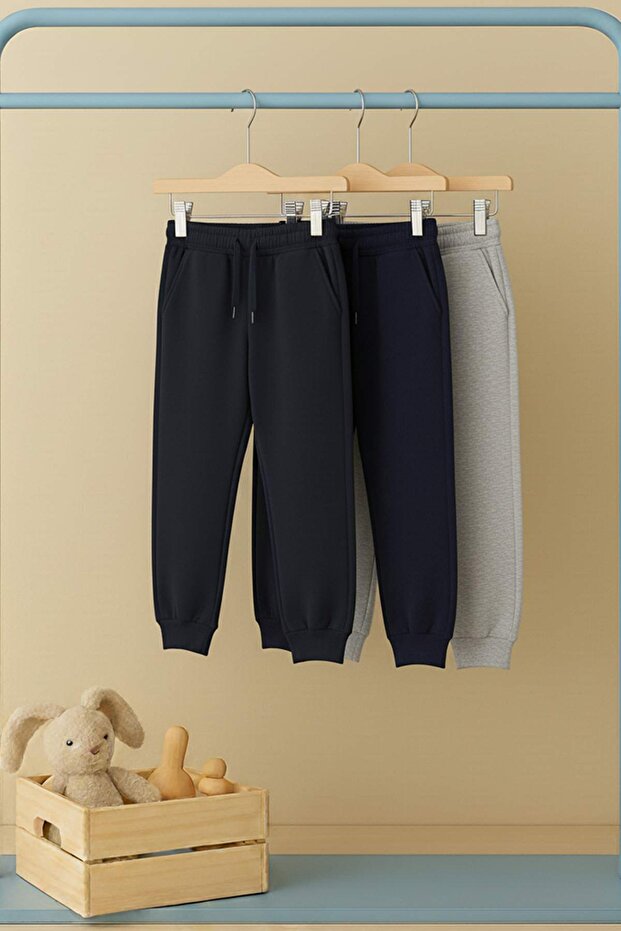 Lacivert-Siyah-Antrasit 3'lü Beli Lastikli Jogger Düz/Basic Erkek Çocuk Eşofman Altı TKDAW25EA00000 - 1