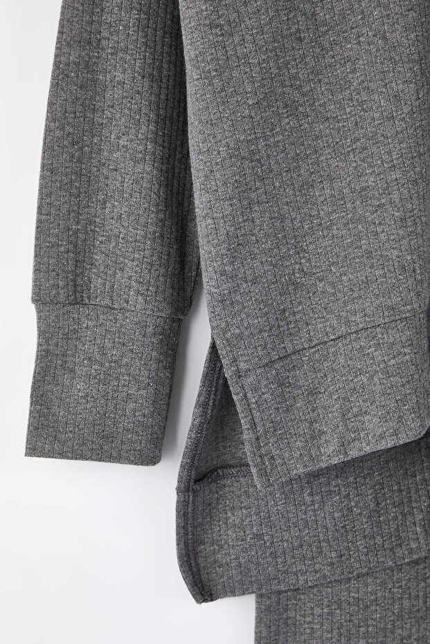 Antrasit Pamuklu Yırtmaçlı Fitilli Örme Pijama Takımı THMAW26PT00223 - 6