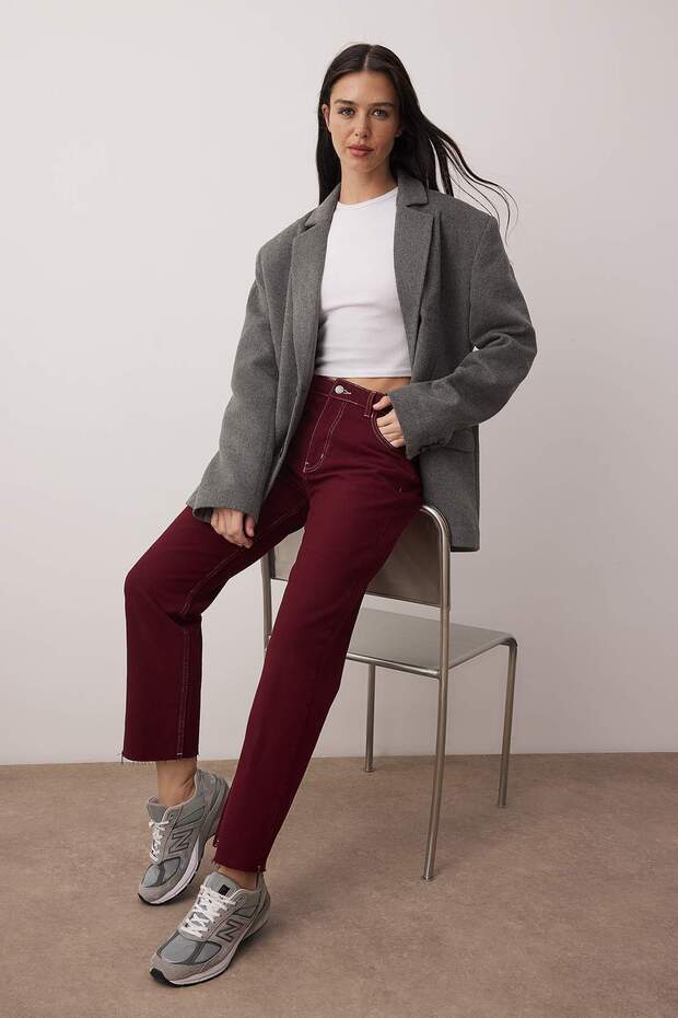 Bordo Paçası Kesikli Yüksek Bel Straight Jeans TWOAW25JE00307 - 2