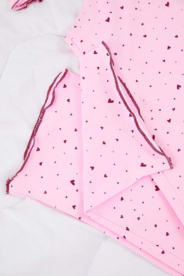 Pembe Pamuklu Likralı Yumuşak Tuşe Kalpli Baby Overlok Detaylı Örme Pijama TakımıTHMAW26PT00166 - 7