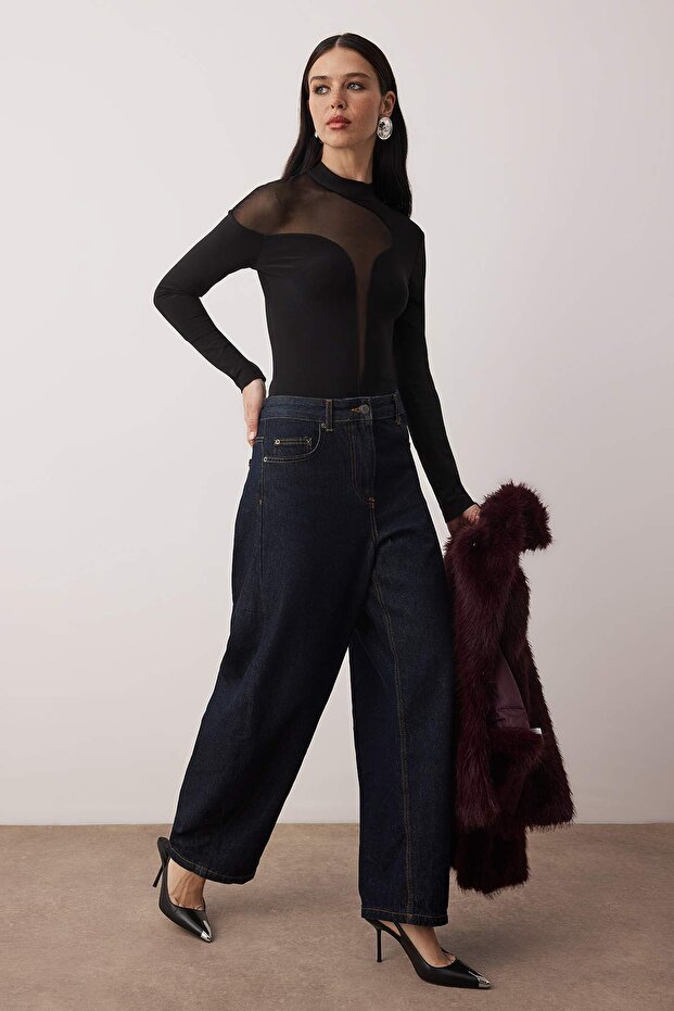 Siyah Transparan Detaylı Örme Tül Body TPRAW24BD00011 - 11