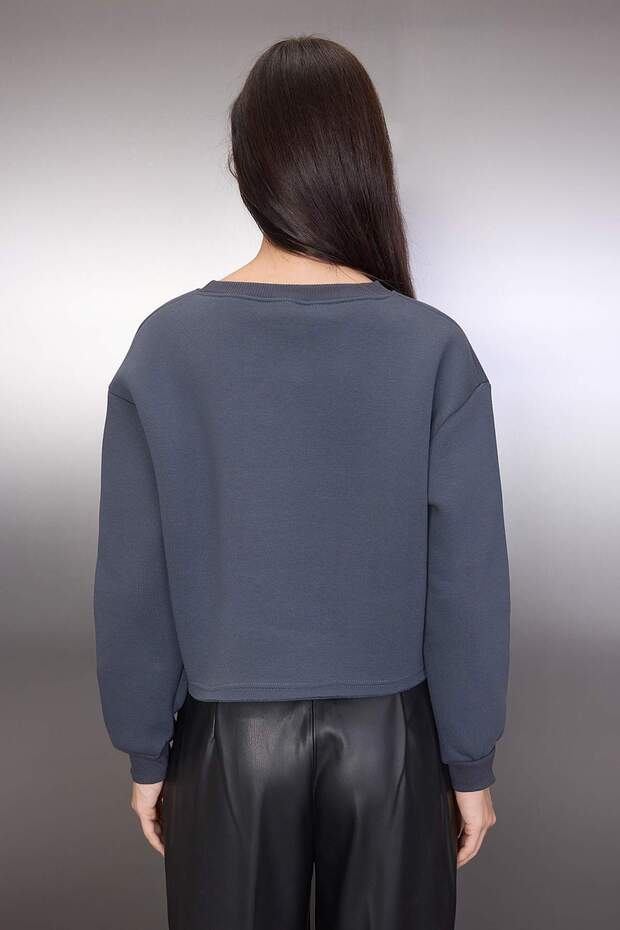 Antrasit Kalın İçi Polarlı Bisiklet Yaka Crop Örme Sweatshirt TWOAW26SW00093 - 4