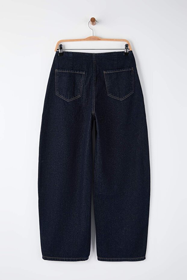 Trendyol Studio Collection Koyu Mavi Bel Detaylı Yüksek Bel Baggy Jeans TWOAW26JE00243 - 7