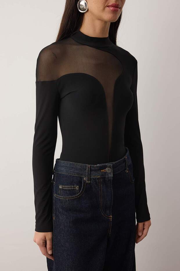 Siyah Transparan Detaylı Örme Tül Body TPRAW24BD00011 - 7