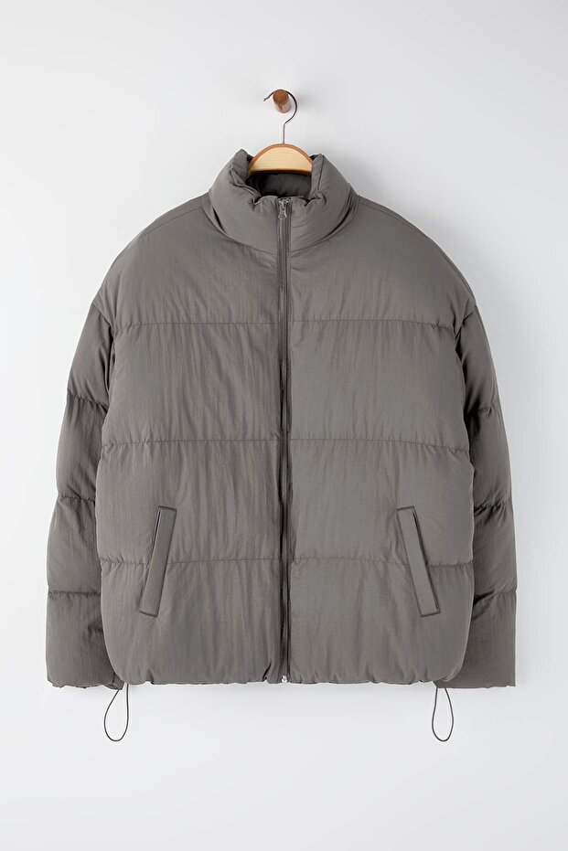 Gri Unisex Oversize Fit Dik Yaka Suya ve Rüzgara Dayanıklı Şişme Kışlık Mont TMNAW24MO00003 - 6